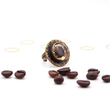Load image into Gallery viewer, Antique brass adjustable ring with gold leaf and coffee bean
