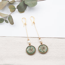 Load image into Gallery viewer, Drop earrings with wild carrot flowers and freshwater pearls
