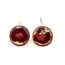 Load image into Gallery viewer, Drop earrings with strawberry, gold leaves and brass medal
