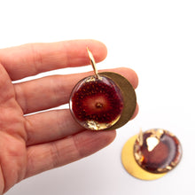 Load image into Gallery viewer, Drop earrings with strawberry, gold leaves and brass medal
