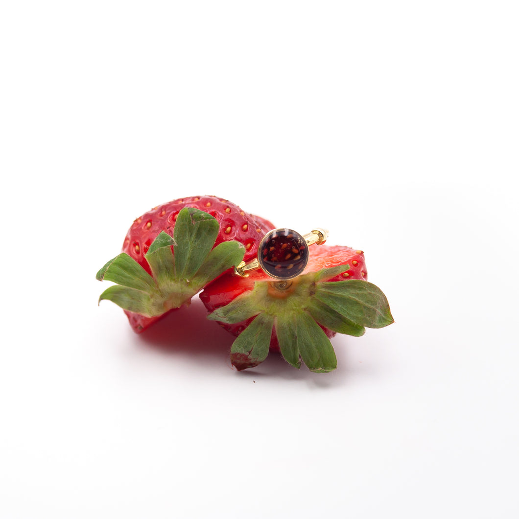 Adjustable brass ring with resin gem and real strawberry
