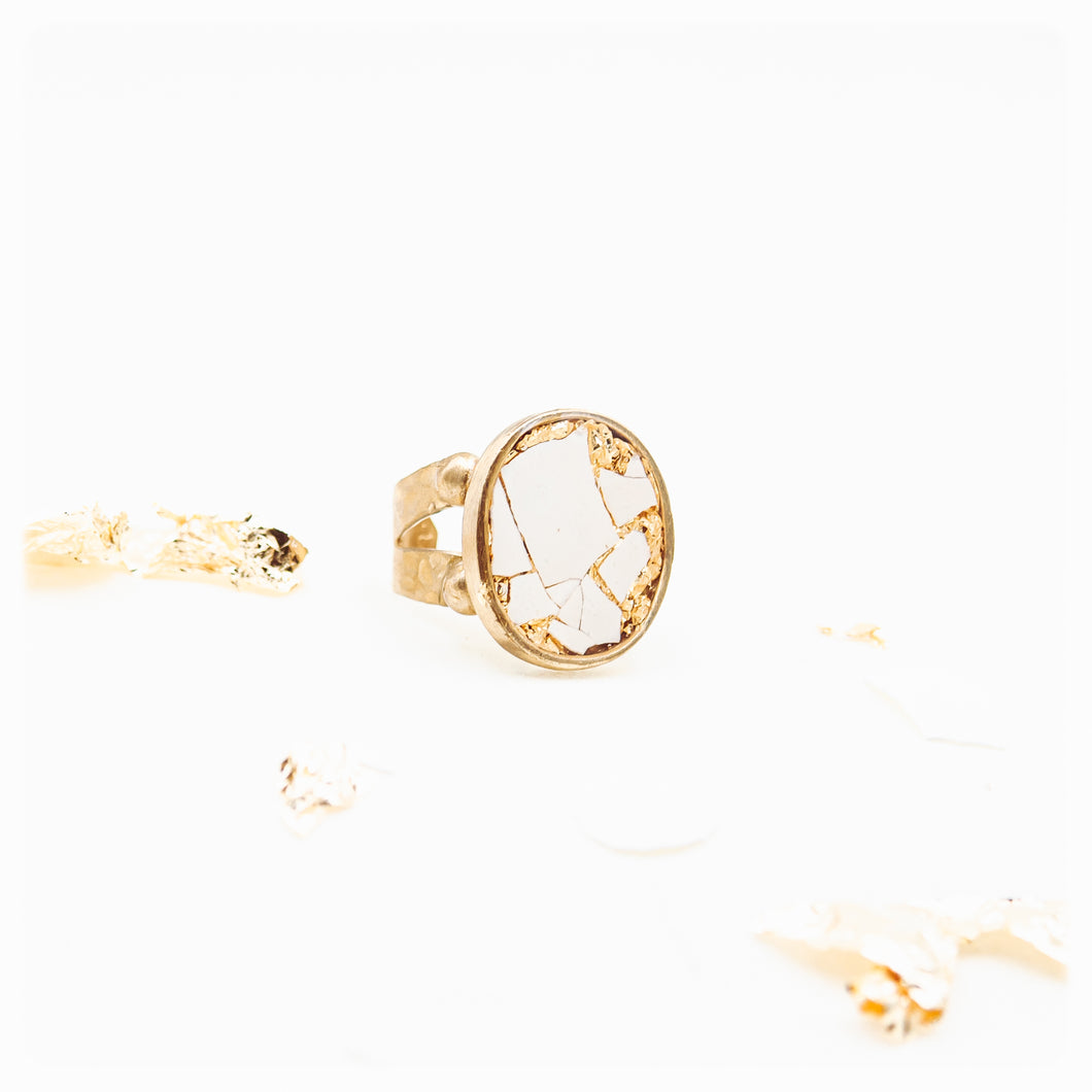 Adjustable resin ring with white eggshell and gold leaf