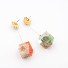 Load image into Gallery viewer, Cube pendant earrings in resin, recycled plastic and marine elements
