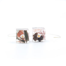 Load image into Gallery viewer, Cube pendant earrings in resin, recycled plastic and marine elements
