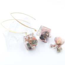 Load image into Gallery viewer, Cube pendant earrings in resin, recycled plastic and marine elements
