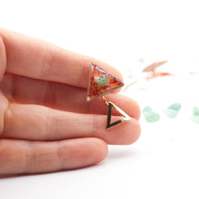 Load image into Gallery viewer, Triangle stud earrings with saffron, aventurine and gold leaves
