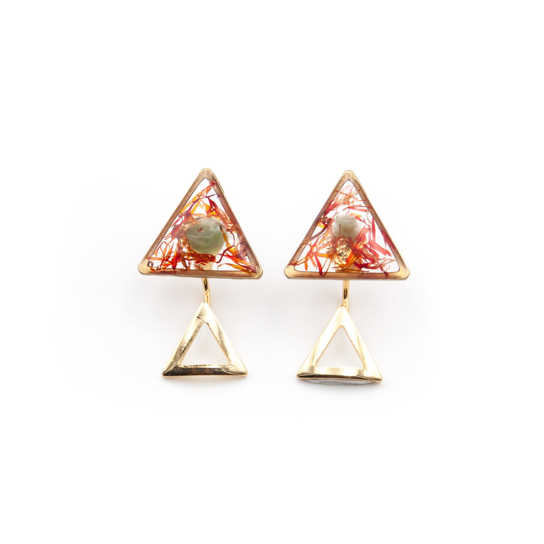 Triangle stud earrings with saffron, aventurine and gold leaves