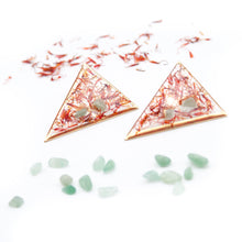 Load image into Gallery viewer, Triangle pendant earrings with saffron, aventurine and gold leaves
