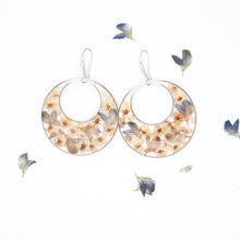Load image into Gallery viewer, Resin hoop earrings with real spirea and lupine flowers
