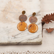 Load image into Gallery viewer, Double circle drop earrings with oak leaf cutout
