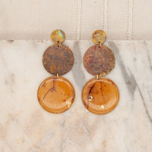 Load image into Gallery viewer, Double circle drop earrings with oak leaf cutout
