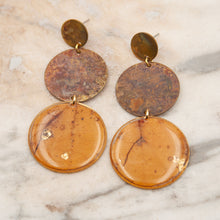 Load image into Gallery viewer, Double circle drop earrings with oak leaf cutout
