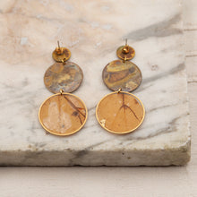 Load image into Gallery viewer, Double circle drop earrings with oak leaf cutout
