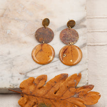 Load image into Gallery viewer, Double circle drop earrings with oak leaf cutout
