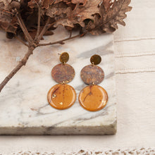 Load image into Gallery viewer, Double circle drop earrings with oak leaf cutout
