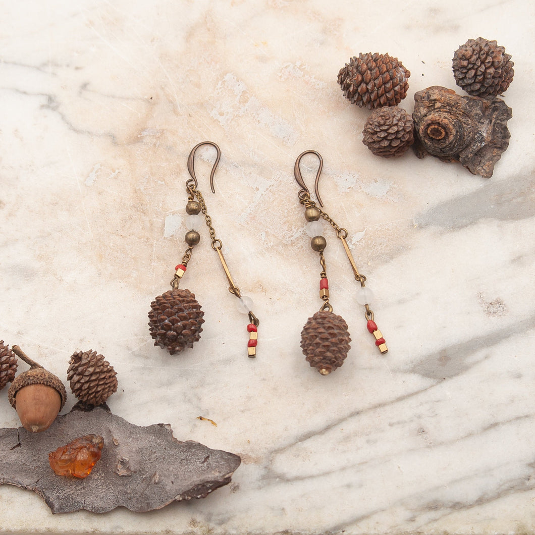 Drop earrings with real mini pine cones