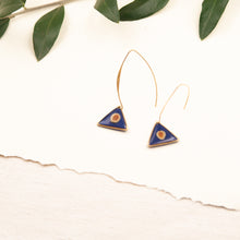 Load image into Gallery viewer, Triangle pendant earrings, with blue pendant with an Apulian umbrella seed
