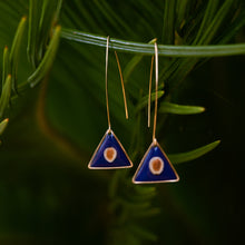 Load image into Gallery viewer, Triangle pendant earrings, with blue pendant with an Apulian umbrella seed
