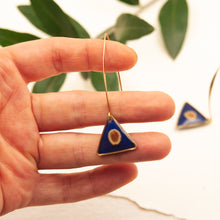 Load image into Gallery viewer, Triangle pendant earrings, with blue pendant with an Apulian umbrella seed
