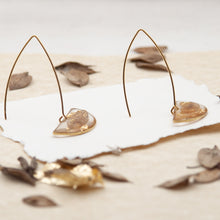 Load image into Gallery viewer, Half moon pendant earrings with butcher&#39;s leaf and gold fragments
