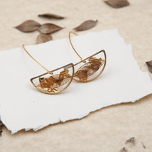 Load image into Gallery viewer, Half moon pendant earrings with butcher&#39;s leaf and gold fragments
