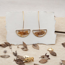 Load image into Gallery viewer, Half moon pendant earrings with butcher&#39;s leaf and gold fragments
