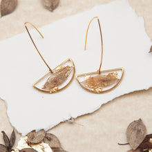 Load image into Gallery viewer, Half moon pendant earrings with butcher&#39;s leaf and gold fragments
