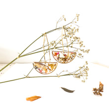 Load image into Gallery viewer, Half moon drop earrings with flower cutouts and gold fragments
