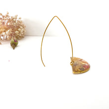 Load image into Gallery viewer, Half moon drop earrings with flower cutouts and gold fragments
